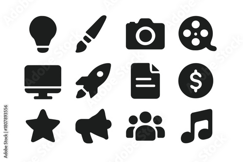 Creative Icon Set. Creative thinking. Line icon set of creative thinking: brain, light bulb, spark, idea cloud, pencil, notebook, thought bubble, paintbrush,