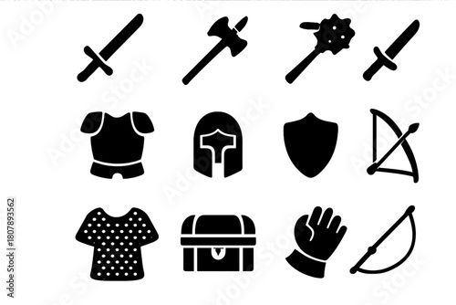 Medieval Armory Icons. Medieval armory. Solid icon set of medieval armory: sword, spear, axe, mace, armor, helmet, shield, dagger, bow, chest, chainmail,