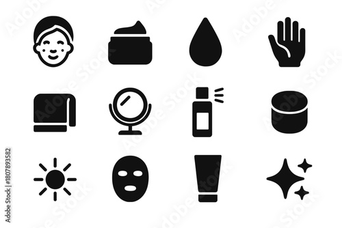 Skincare Icons Collection. Skin care routine. Solid icon set of Skin care routine: face, cream jar, drop, hand, towel, mirror, spray bottle, cotton pad, lotion