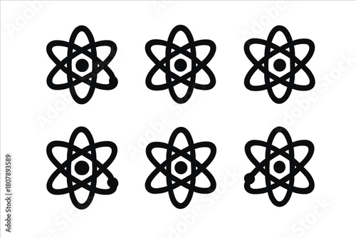 Atomic Icon Set. Chemical composition. Icon set. Set Logo of Atom Symbol: Core nucleus with electrons. Negative space, Symmetrical form, Flat solid, Minimal