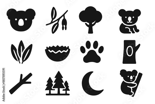 Australian Animal Icons. Australian Animals. Solid icon set of Australian Animals: koala, eucalyptus branch, tree, baby koala, leaves, nest, paw print, tree
