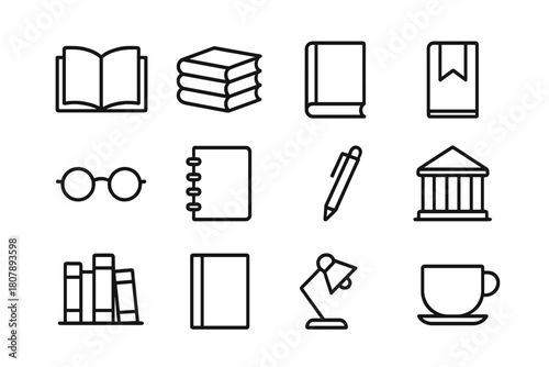 Reading Icons Collection. Reading time. Line icon set of Reading time: open book, closed book, stack of books, bookmark, reading glasses, notebook, pen,