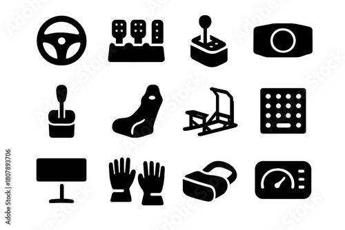 Racing Sim Gear Icons. Racing Sim Gear. Solid icon set of Racing Sim Gear: racing wheel, pedals, shifter, wheel base, handbrake, racing seat, cockpit frame,