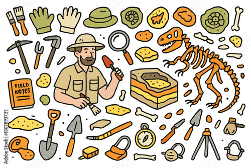 Prehistoric Excavation Illustration. Prehistoric discovery. Hand-drawn doodle illustration paleontologist (colored), dinosaur skeleton (colored), fossils
