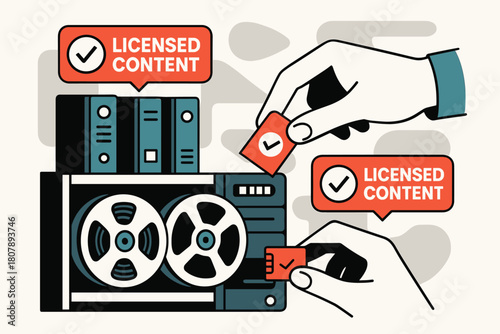 Digital Archival Storage. Television licensing and regulations ? Archival footage storage. Rows of drives and reels; icons of ?LICENSED CONTENT? labels hover.