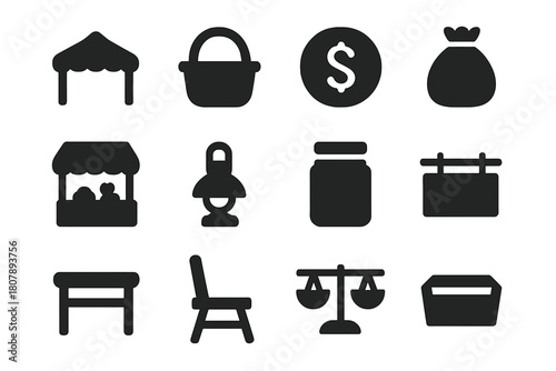 Market Icon Set. Market stalls. Solid icon set of market stalls: tent, basket, coin, bag, fruit, lamp, jar, signboard, table, chair, scale, box. Filled icons