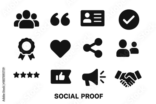 Social Proof Icons. Social Proof. Solid icon set of Social Proof: crowd silhouettes, quote marks, testimonial card, verified check, ribbon badge, heart like,