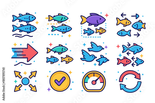 Synchronization Energetics Icons. Synchronization and energetics. Colorful isometric vector icons set of Synchronization and energetics: