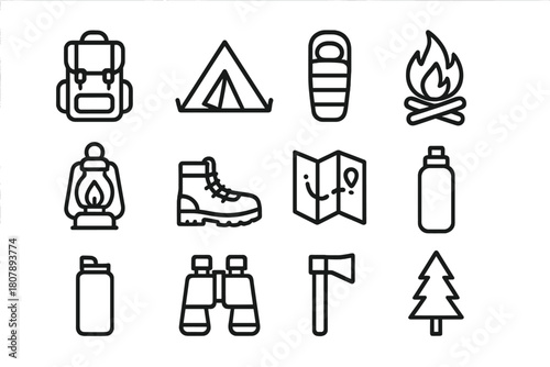Camping Essentials Icons. Forest camping. Line icon set of Forest camping: tent, tree, campfire, backpack, sleeping bag, lantern, hiking boots, map, compass,