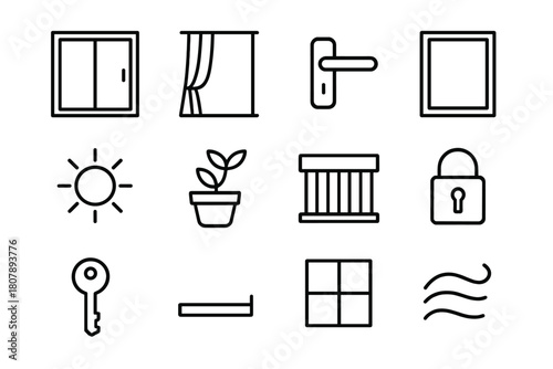 Patio Doors Icons. Patio doors. Line icon set of patio doors: sliding glass door, curtain, handle, frame, sun, plant pot, balcony, lock, key, door track,