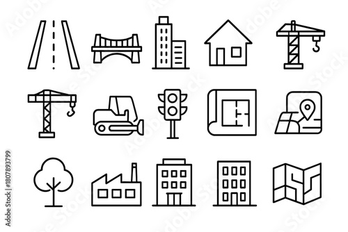 Infrastructure Line Icons. Infrastructure growth. Line icon set of Infrastructure growth: road, bridge, skyscraper, house, construction crane, bulldozer,