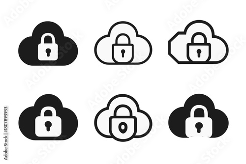 Cybersecurity Cloud Logos. Cybersecurity for Digital Marketing and Advertising Platforms. Set Logo of Safe Cloud Icon: Filled silhouette, Minimal outline,