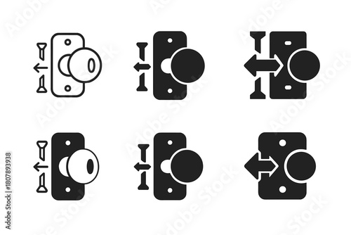 Door Hardware Icons. Replacing door hardware (knob or handle). Icon set. Set Logo of replacing door hardware (knob or handle): handle and key silhouette on