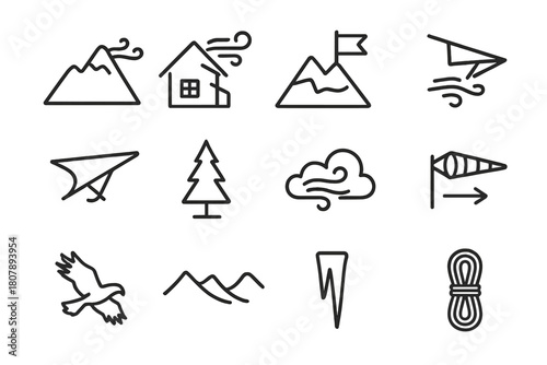 Mountain Wind Icons. Mountain winds. Line icon set of mountain winds: mountain peak, snow plume, alpine hut, flag on summit, glider, pine tree, cloud, wind