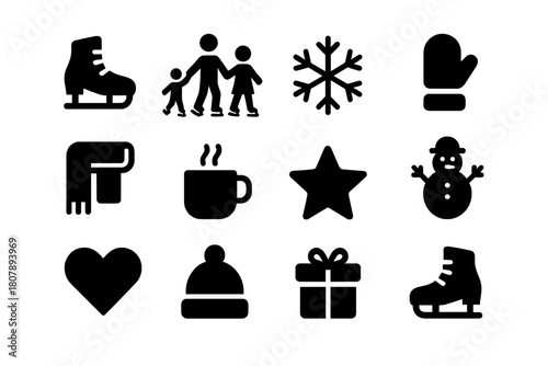 Family Skating Icons. Family skating day. Solid icon set of family skating day: skates, people, child, snowflake, gloves, scarf, cup, star, snowman, heart,
