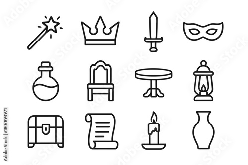 Fantasy Play Props Icons. Props for fantasy play. Line icon set of Props for fantasy play: wand, crown, sword, mask, potion bottle, chair, table, lamp, trunk,