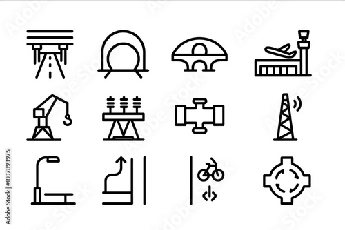 Infrastructure Expansion Icons. Infrastructure expansion. Line icon set of infrastructure expansion: highway overpass, tunnel bore, bridge, airport terminal,