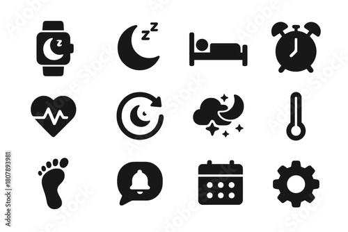 Sleep Tracking Icons. Sleep tracking. Solid icon set of Sleep tracking: smartwatch, moon, bed, alarm, heart rate, sleep cycle, night, thermometer, step