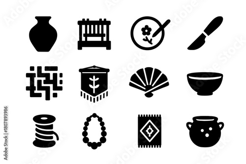 Global Crafts Icons. Global Crafts. Solid icon set of Global Crafts: pottery, loom, embroidery hoop, carving knife, basket weave, tapestry, paper fan, ceramic