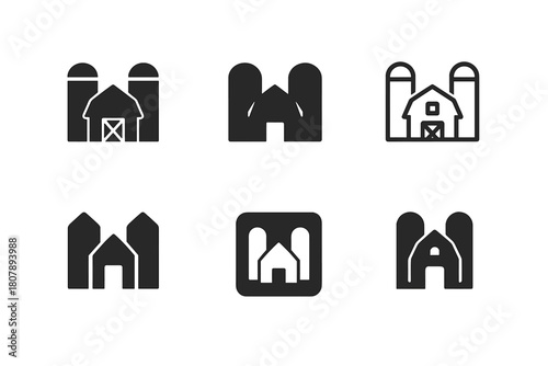 Grain Silo Icons. Grain silo. Icon set. Set Logo of grain silo: silo with grain icon. harmonious logo variations of the same emblematic concept, each with