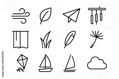 Gentle Breezes Icons. Gentle breezes. Line icon set of gentle breezes: wind swirl, leaf, paper plane, wind chime, curtain, grass blade, feather, pinwheel,