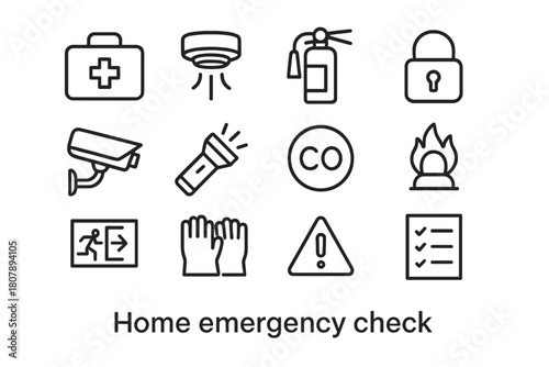 Home Emergency Icons. Home emergency check. Line icon set of Home emergency check: first aid kit, smoke detector, fire extinguisher, lock, security camera,