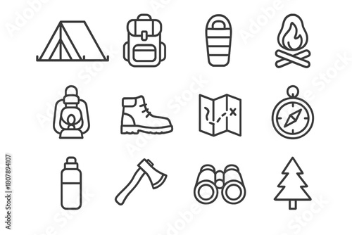 Camping Essentials Icons. Forest camping. Line icon set of Forest camping: tent, tree, campfire, backpack, sleeping bag, lantern, hiking boots, map, compass,