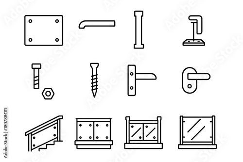 Glass Railing Icon Set. Glass railing. Line icon set of glass railing: glass panel, handrail, post, base plate, bolt, screw, wall bracket, end cap, stair,