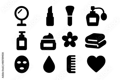 Beauty Skincare Icons. Beauty and skincare. Solid icon set of beauty and skincare: mirror, lipstick, brush, perfume, lotion bottle, cream jar, flower, towel,