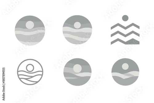Misty Logo Variations. Early morning mist. Icon set. Set Logo of early morning mist: peaceful fog horizon. harmonious logo variations of the same emblematic