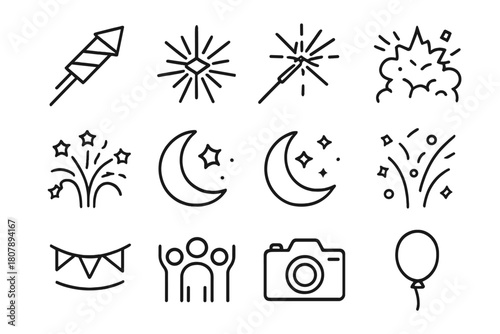 Black Line Bursts. Spectacular bursts. Line icon set of spectacular bursts: rocket, starburst, sparkler, explosion, burst firework, moon, night sky, confetti,
