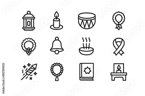 Religious Festival Icons. Religious festivals. Line icon set of Religious festivals: lantern, candle, drum, offering plate, flower garland, bell, incense,