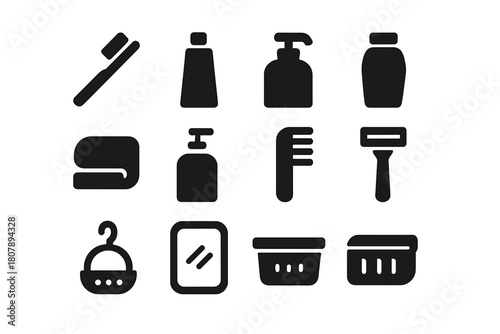 Hygiene Icon Set. Hygiene Essentials. Solid icon set of Hygiene Essentials: toothbrush, toothpaste, soap dispenser, shampoo bottle, conditioner bottle, towel,