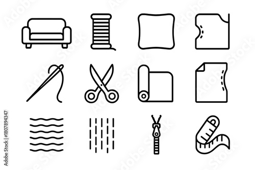 Sofa Upholstery Icons. Sofa upholstery. Line icon set of sofa upholstery: sofa, thread, cushion, button, needle, scissors, fabric roll, pattern, measuring