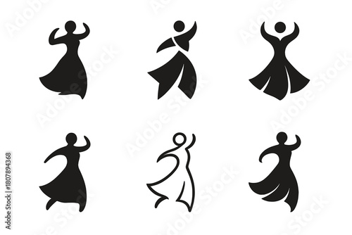 Motion Model Logos. model in motion. Icon set. Set Logo of model in motion: elegant figure turning in motion. harmonious logo variations of the same emblematic