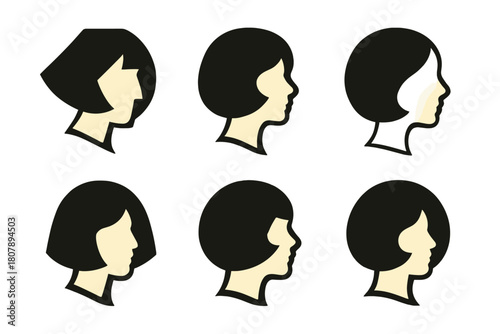 Vintage Hairstyle Icons. old-school hairstyles. Icon set. Set Logo of old-school hairstyles: vintage bob cut. harmonious logo variations of the same emblematic
