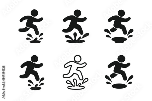 Puddle Jump Logos. Jumping over puddles. Icon set. Set Logo of Jumping over puddles: Splashes forming patterns. harmonious logo variations of the