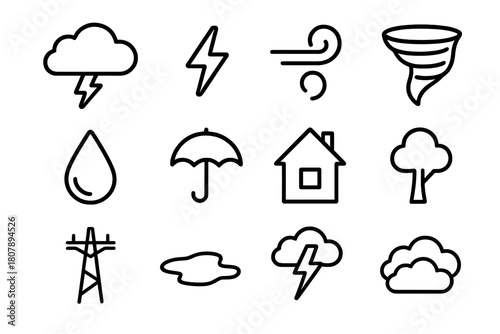 Severe Weather Icons. Severe weather. Line icon set of severe weather: storm cloud, lightning bolt, wind swirl, tornado, raindrop, umbrella, house, tree, power