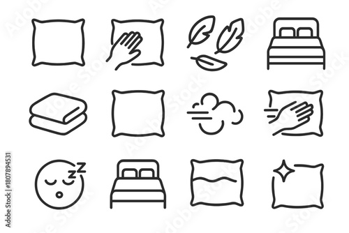 Fluffing Pillows Icons. Fluffing Pillows. Line icon set of Fluffing Pillows: pillow, hand fluffing pillow, feathers, bed, blanket, cushion, puff of air, hand