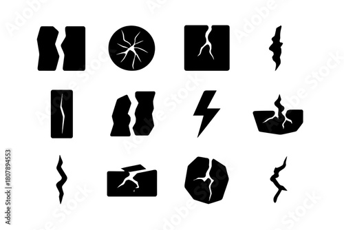 Material Break Icons. Material break. Solid icon set of Material break: fracture, crack in glass, broken wall, fissure, split wood, chasm, lightning bolt,