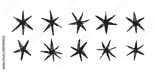 Grunge black stars brush spray paint. Hand drawn doodle stars texture, rough modern elements.