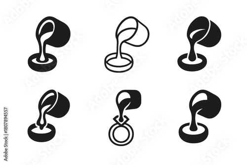 Jewelry Creation Logos. Creating jewelry. Icon set. Set Logo of creating jewelry: molten metal pouring into ring mold. harmonious logo variations of the same