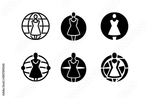 AR Fashion Icons. Augmented reality fashion. Icon set. Set Logo of augmented reality fashion: futuristic clothing model within data sphere. harmonious logo