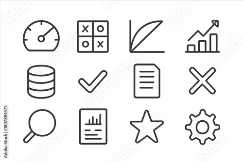 Model Evaluation Icons. Model evaluation. Line icon set of model evaluation: accuracy gauge, confusion matrix, ROC curve, chart arrow, test dataset, check