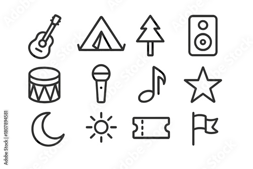 Outdoor Music Icons. Outdoor Music. Line icon set of Outdoor Music: guitar, tent, tree, speaker, drum, microphone, music note, star, moon, sun, ticket, flag.