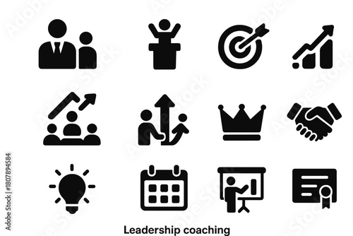 Leadership Coaching Icon Set. Leadership coaching. Solid icon set of Leadership coaching: mentor, podium, target, rising graph, team, success arrow, crown,
