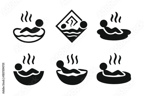 Hot Spring Icons. A family exploring a natural hot spring in a remote mountain area. Icon set. Set Logo of Relaxation: Person reclining in hot spring. Abstract