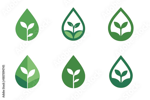Eco Farming Logos. Eco-Friendly Farming Practices. Icon set. Set Logo of Eco-Friendly Farming: water drop nourishing plant. harmonious logo variations of the