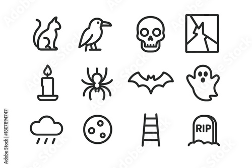 Ominous Icon Set. Ominous signs. Line icon set of ominous signs: broken mirror, ladder, black cat, crow, skull, dark cloud, spider, bat, ghost, blood drop,