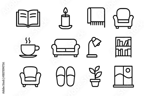 Reading and Relaxation Icons. Reading and Relaxation. Line icon set of Reading and Relaxation: open book, candle, blanket, tea cup, sofa, reading lamp, pillow,